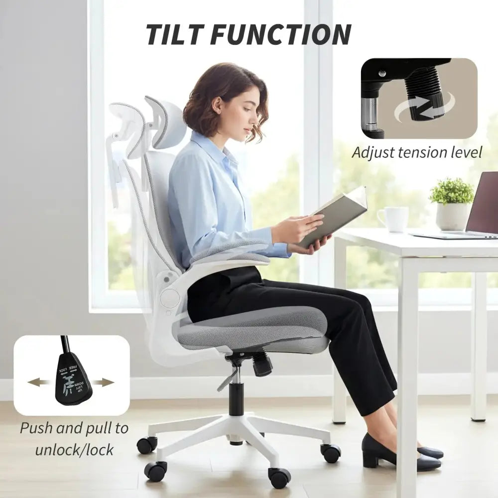 Office Chair, Ergonomic Desk Chair with Foldable Backrest, 2D Headrest, Grey