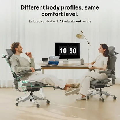 Gray ergonomic office chairs with adjustable features and a modern design.