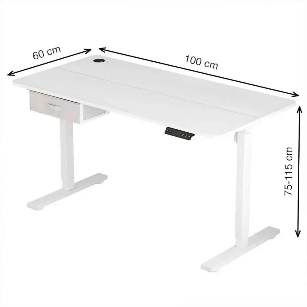 White adjustable height desk with a single drawer and digital control panel
