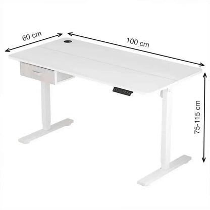 White adjustable height desk with a single drawer and digital control panel