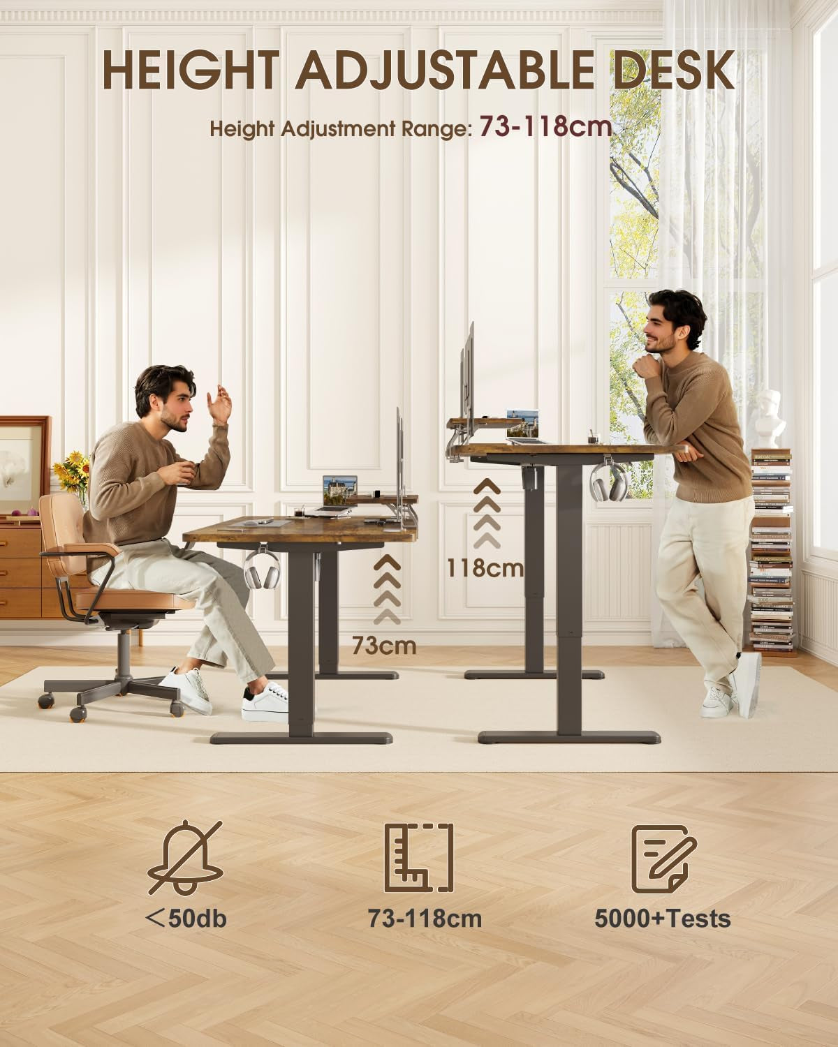 Electric Standing Desk 160 X 70Cm with Monitor Stand, Height Adjustable Desk for Gaming, Home Office Table with 2 Memory Smart Pannel (Rustic Brown)