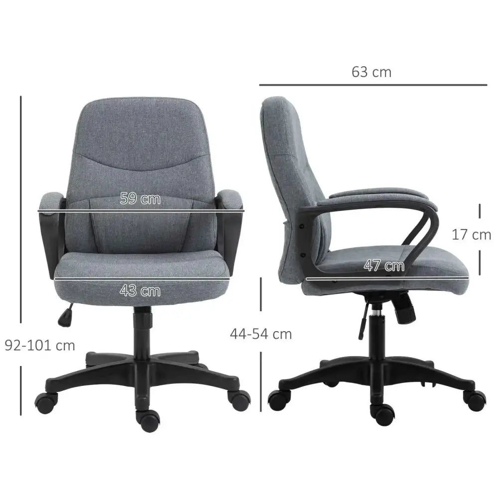 Gray fabric office chair with black plastic arms, base, and wheels.