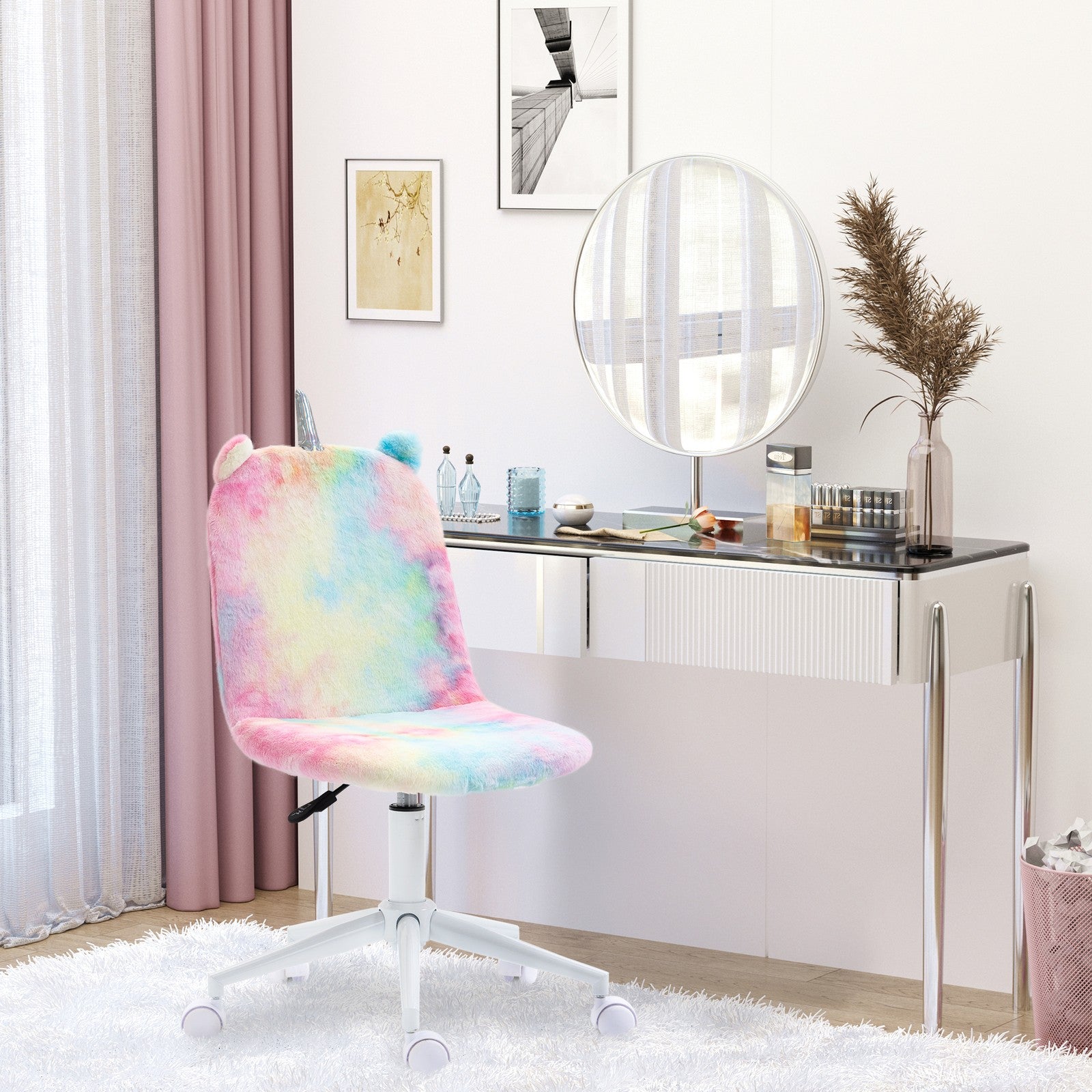 Fluffy Unicorn Office Chair with Swivel Wheel, Cute Desk Chair, Rainbow