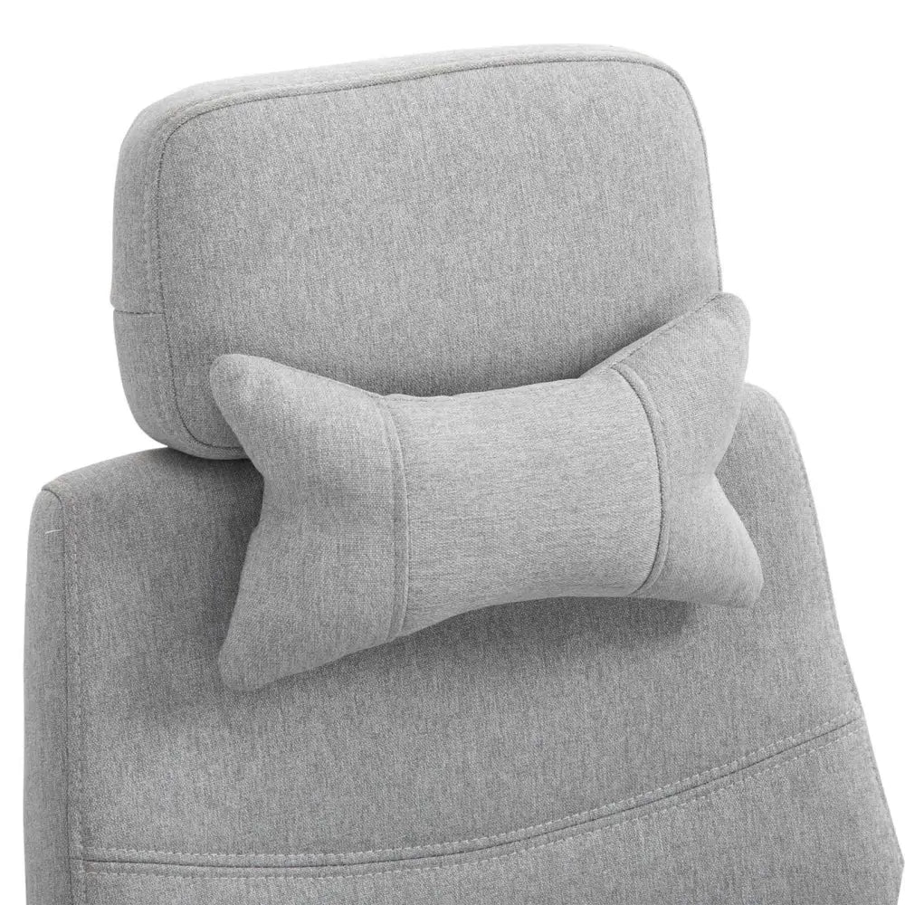 Gray textured fabric neck pillow resting on a matching upholstered chair back
