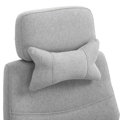 Gray textured fabric neck pillow resting on a matching upholstered chair back