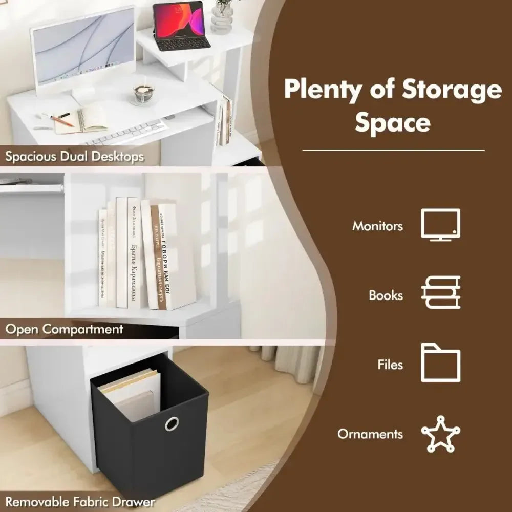 Space-Saving Computer Desk with Open Shelf and Fabric Storage Drawer - Ergo Heights