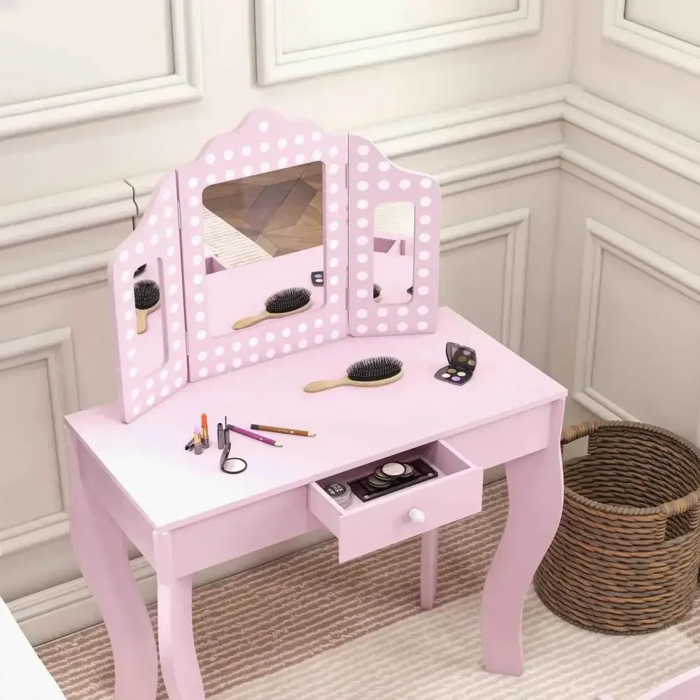 Children Vanity Set with Chair - Pink Polka Dot Design - Ergo Heights