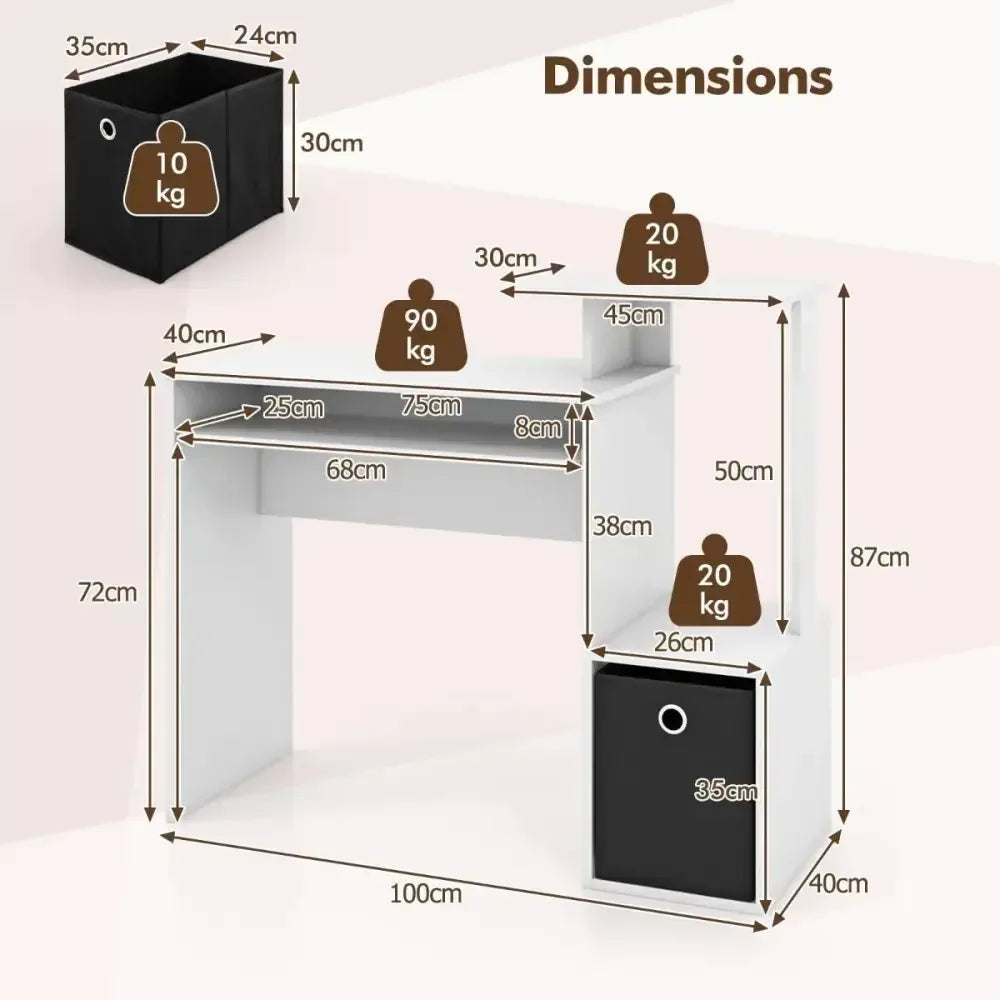 Space-Saving Computer Desk with Open Shelf and Fabric Storage Drawer - Ergo Heights