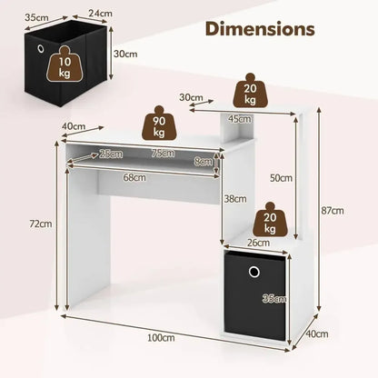 Space-Saving Computer Desk with Open Shelf and Fabric Storage Drawer - Ergo Heights