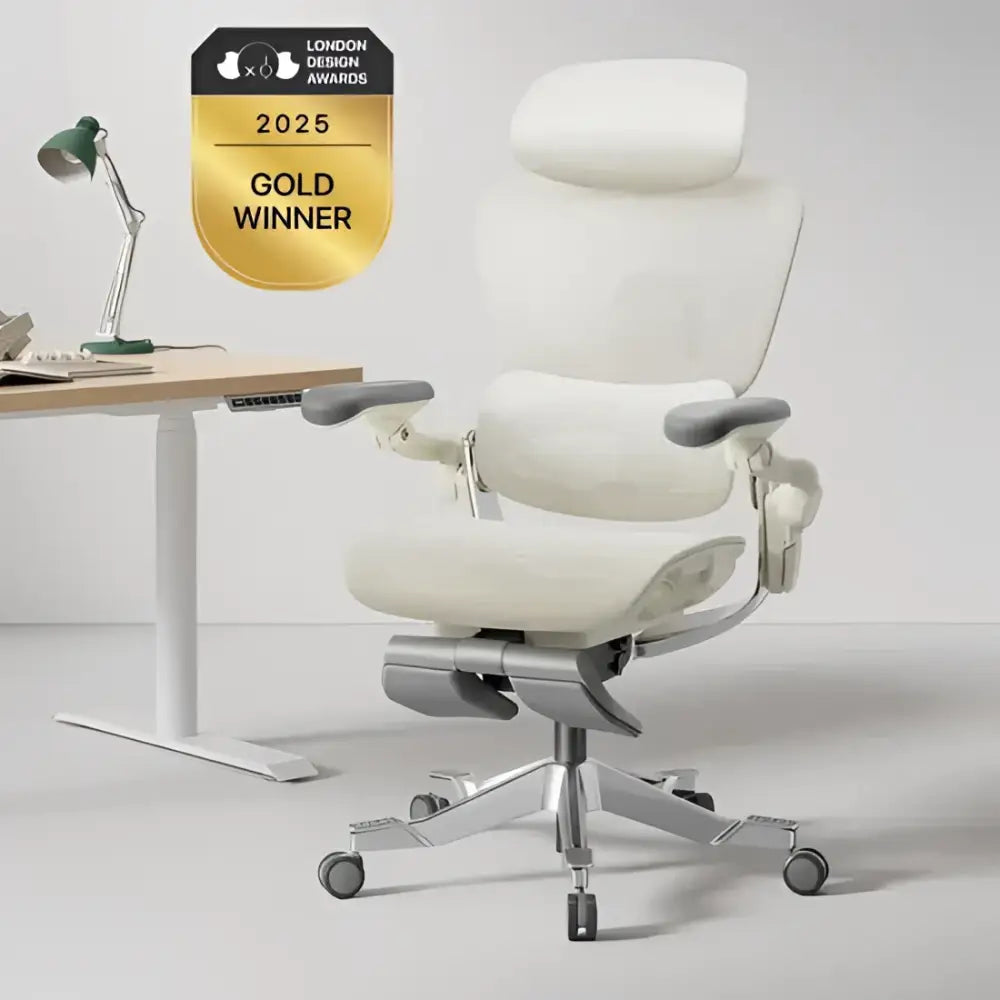 White ergonomic office chair with a sleek, modern design and silver metallic base.