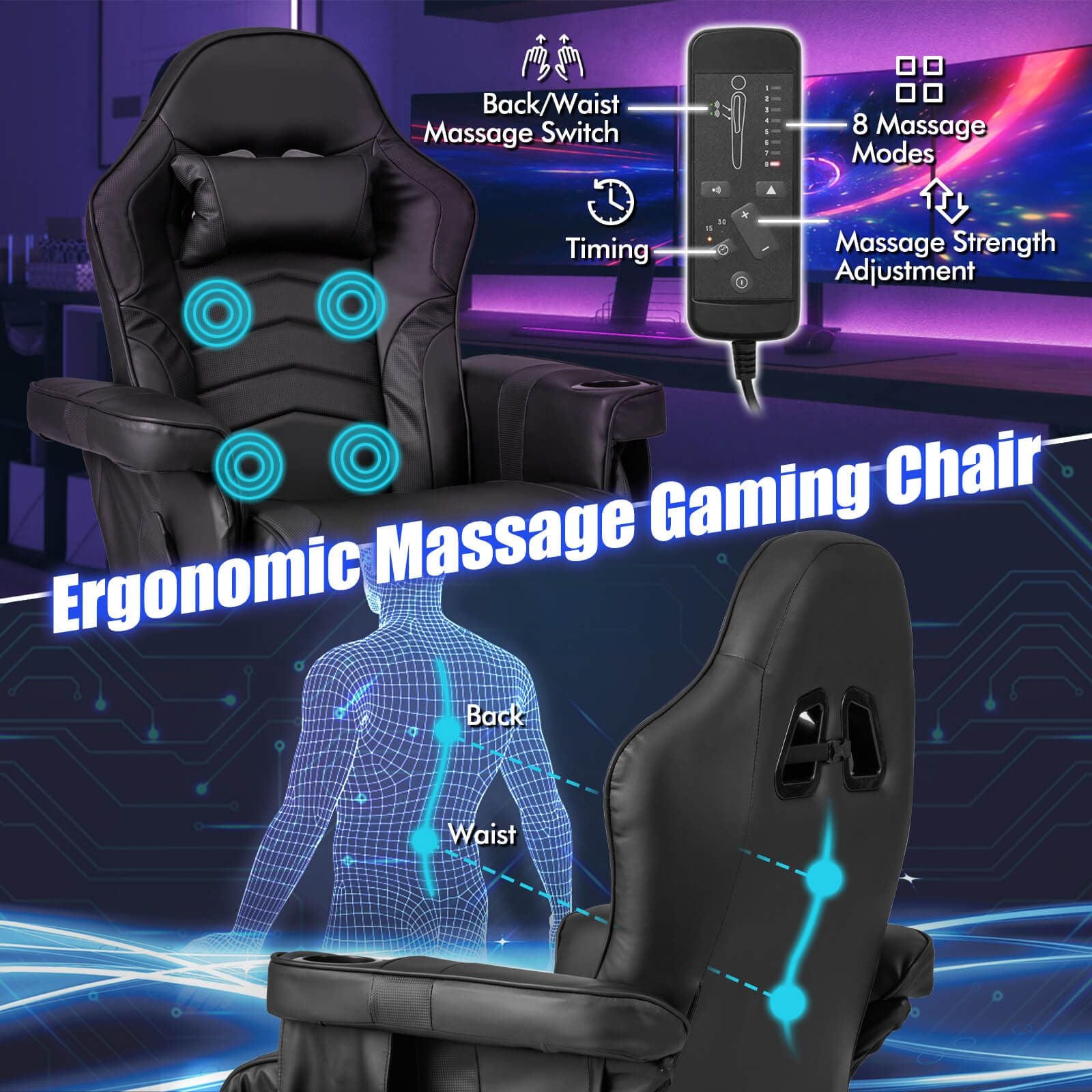 Electric Massage Gaming Chair with Cup Holder and Side Pouch