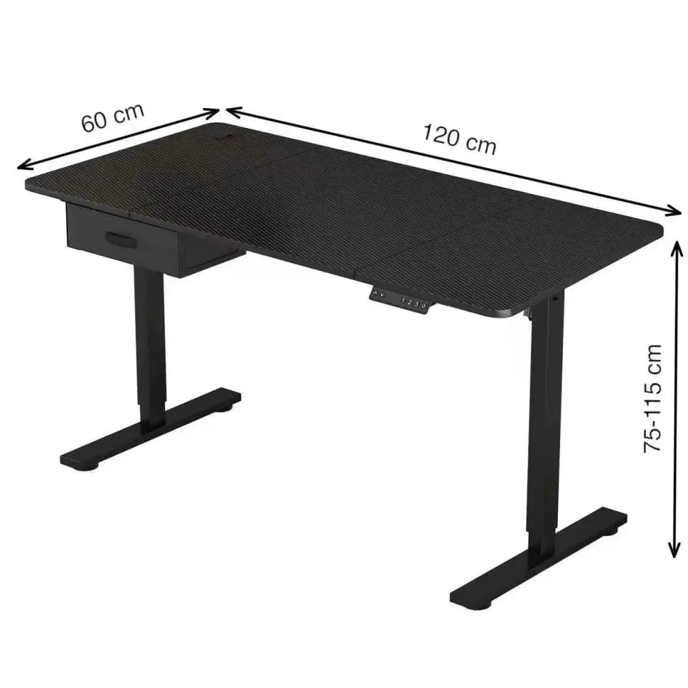 Black textured surface adjustable height desk with a single drawer and sturdy metal legs.