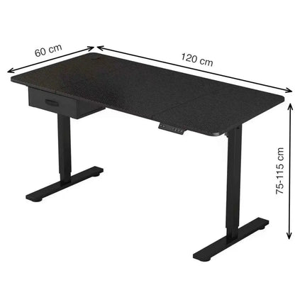 Black textured surface adjustable height desk with a single drawer and sturdy metal legs.