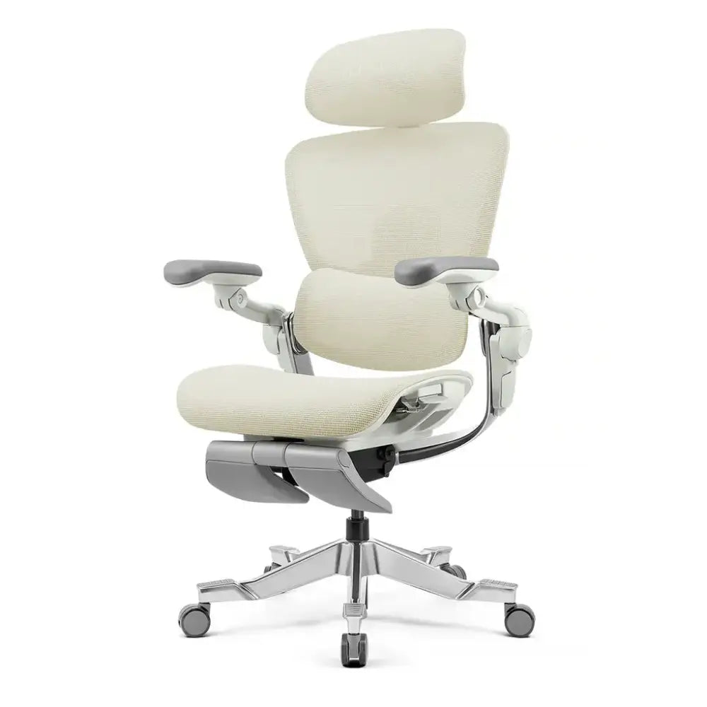 Cream-colored ergonomic office chair with mesh upholstery and silver metallic frame.