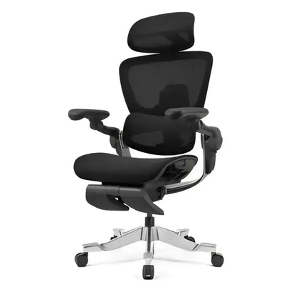 Black ergonomic office chair with mesh back, padded seat and headrest, chrome base and casters.