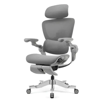 Gray ergonomic office chair with adjustable headrest, armrests, and footrest on a chrome base.