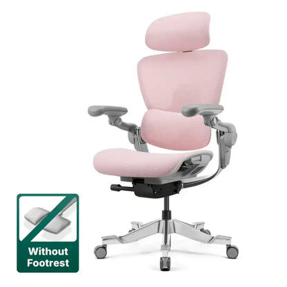 Pink ergonomic office chair with adjustable armrests and a supportive headrest, featuring gray metal frame and base.