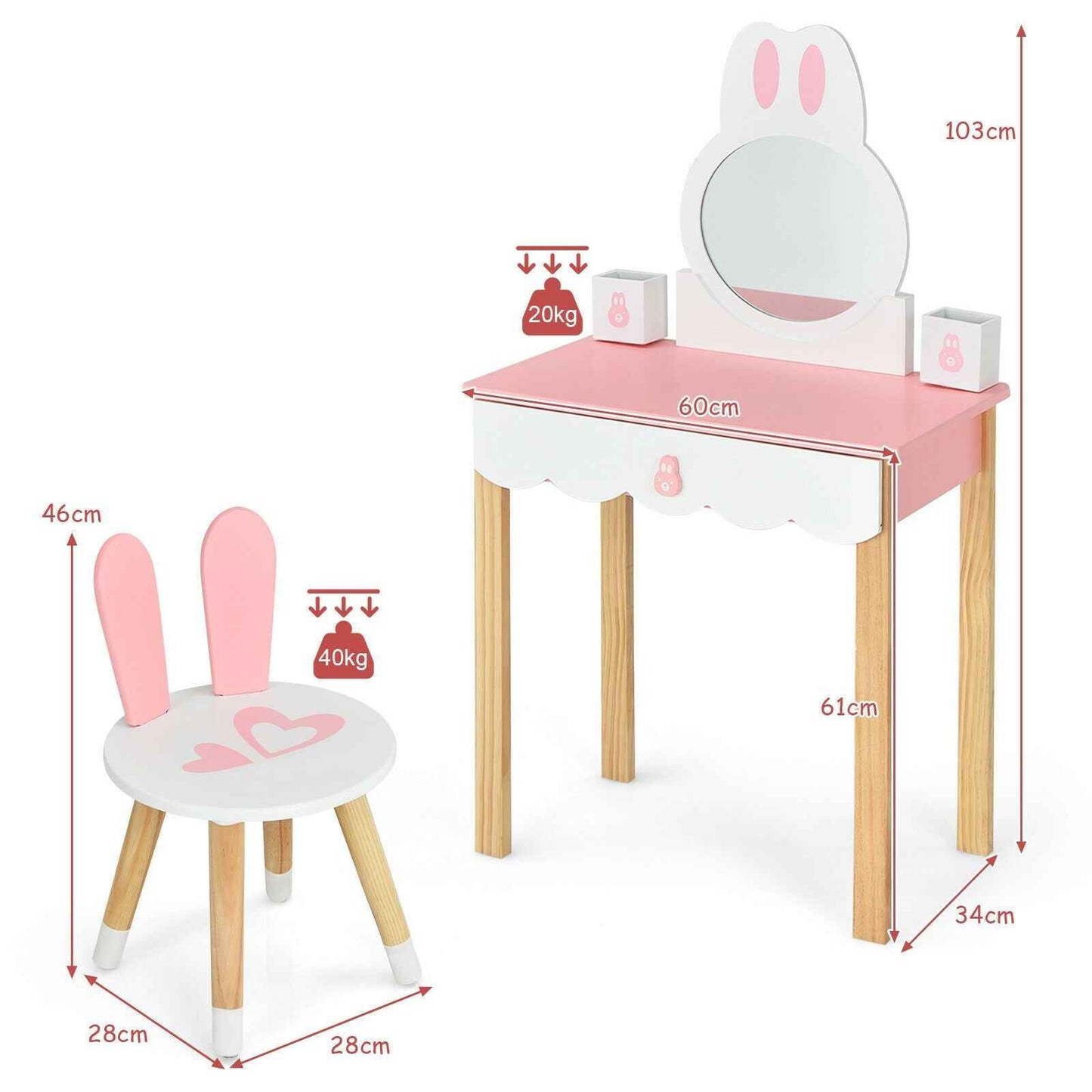 Kids Vanity Table and Chair Pretend Play with Mirror and Drawers.