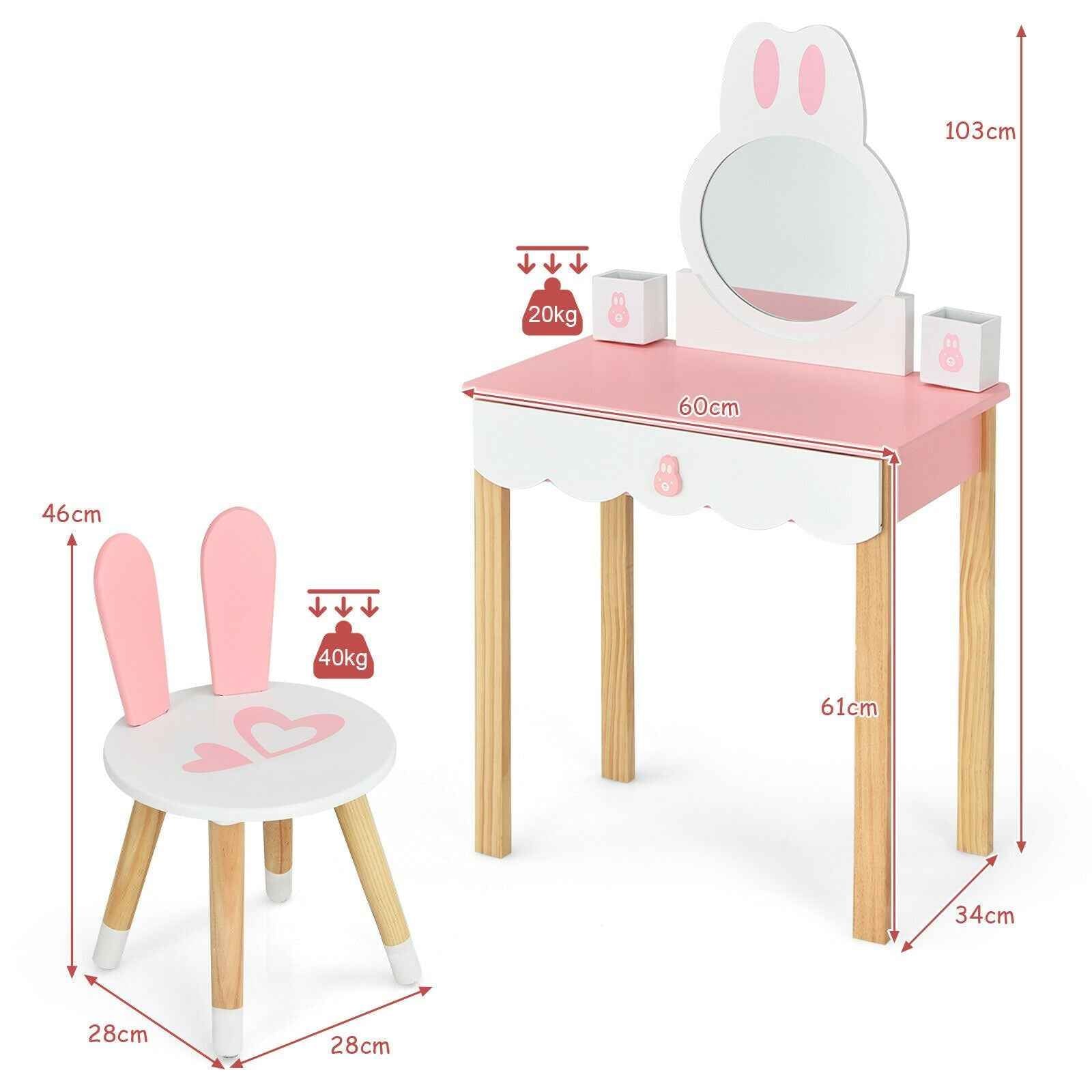 Kids Vanity Table and Chair Pretend Play with Mirror and Drawers.