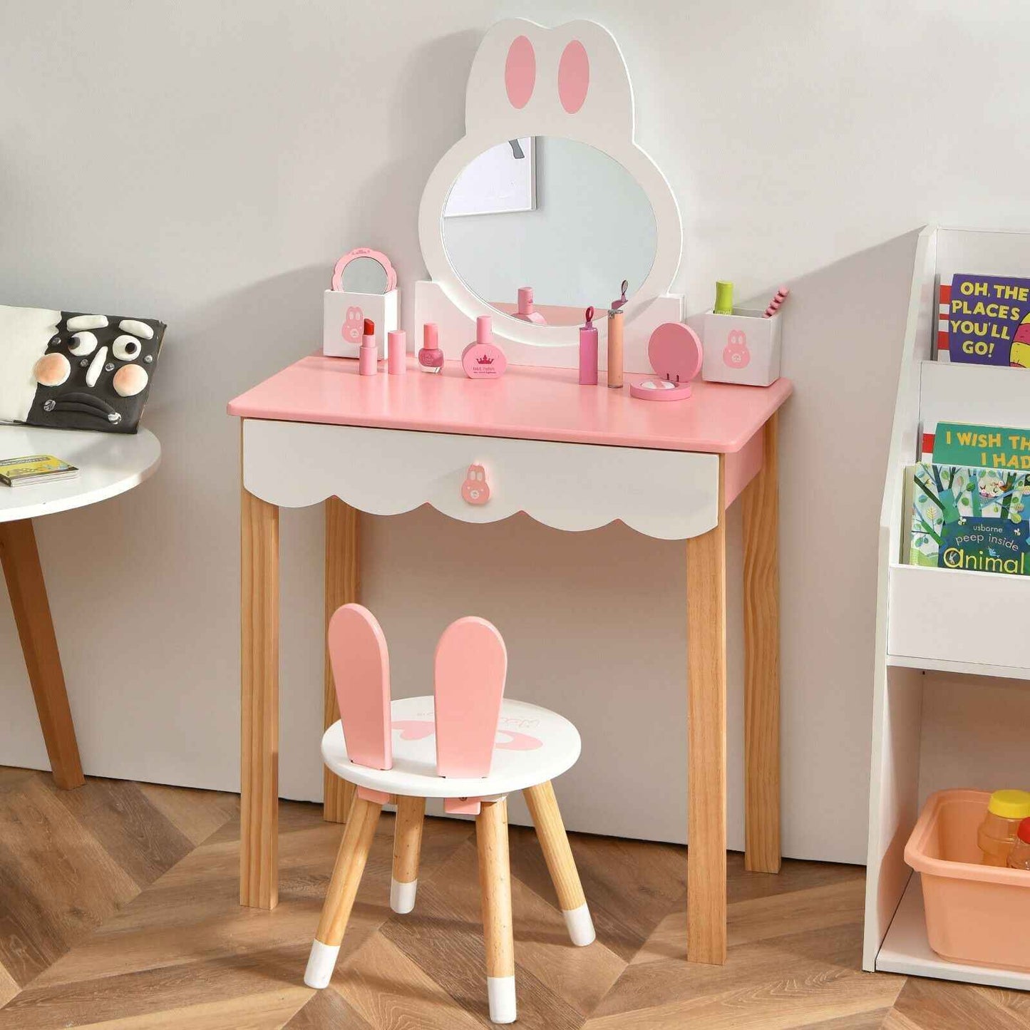 Kids Vanity Table and Chair Pretend Play with Mirror and Drawers.