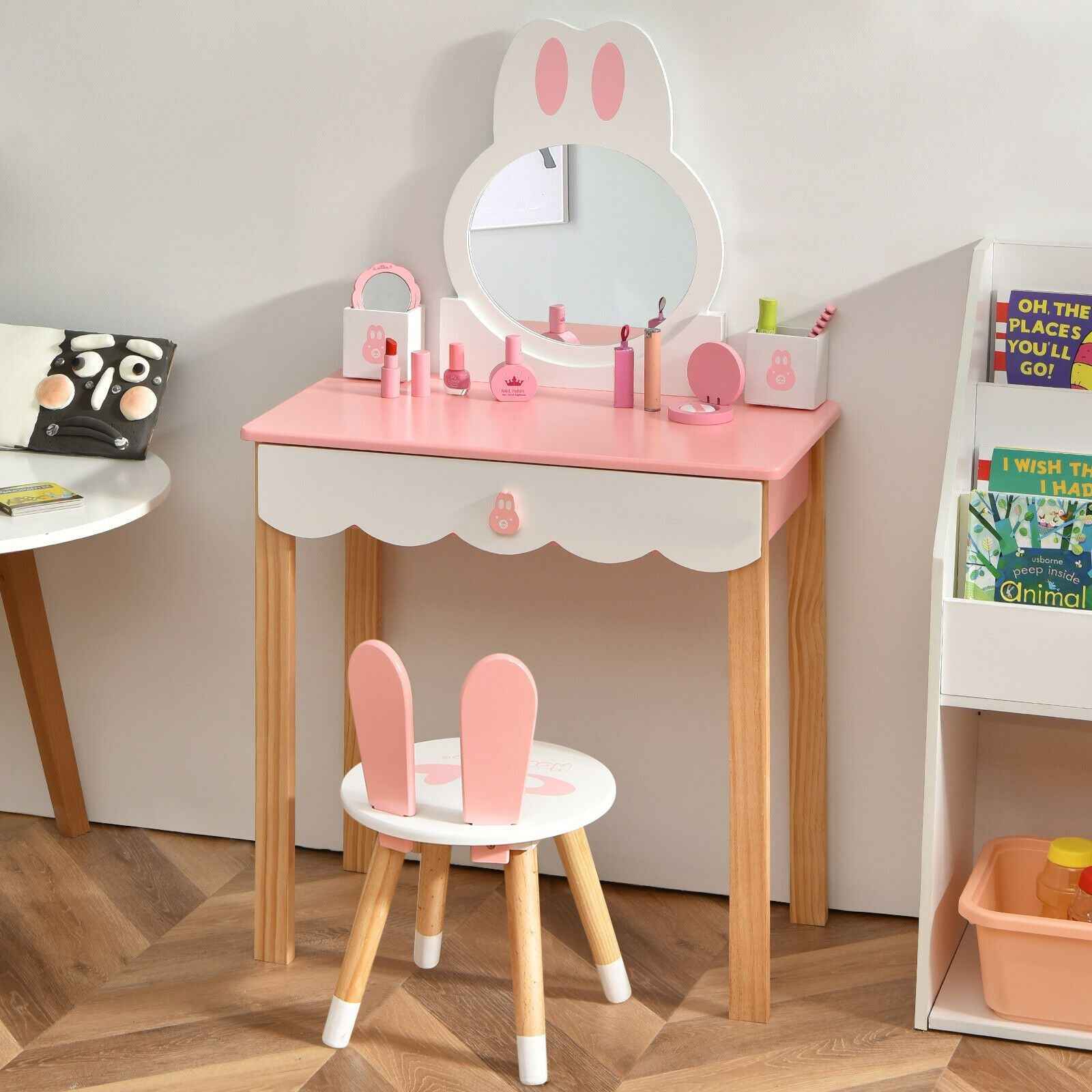 Kids Vanity Table and Chair Pretend Play with Mirror and Drawers.