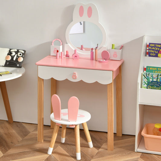 Kids Vanity Table and Chair Pretend Play with Mirror and Drawers.