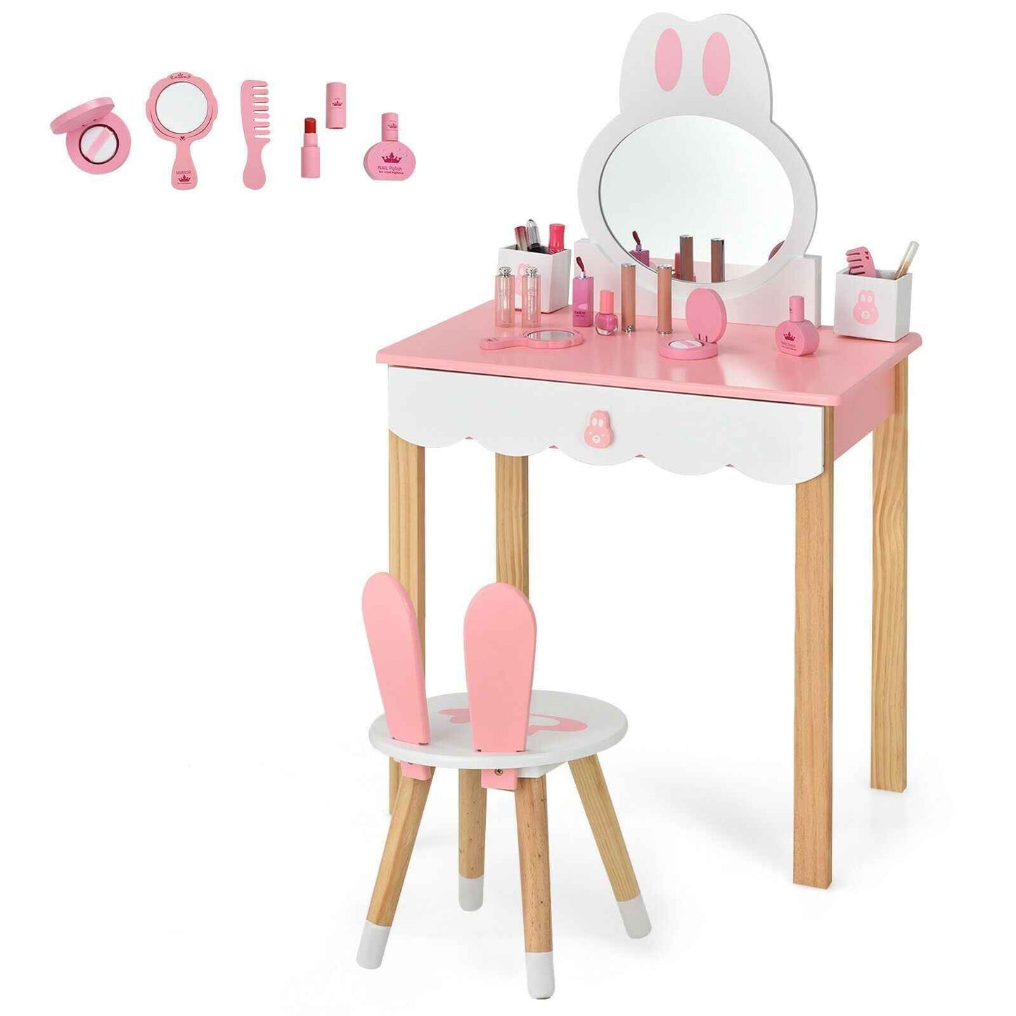 Kids Vanity Table and Chair Pretend Play with Mirror and Drawers.
