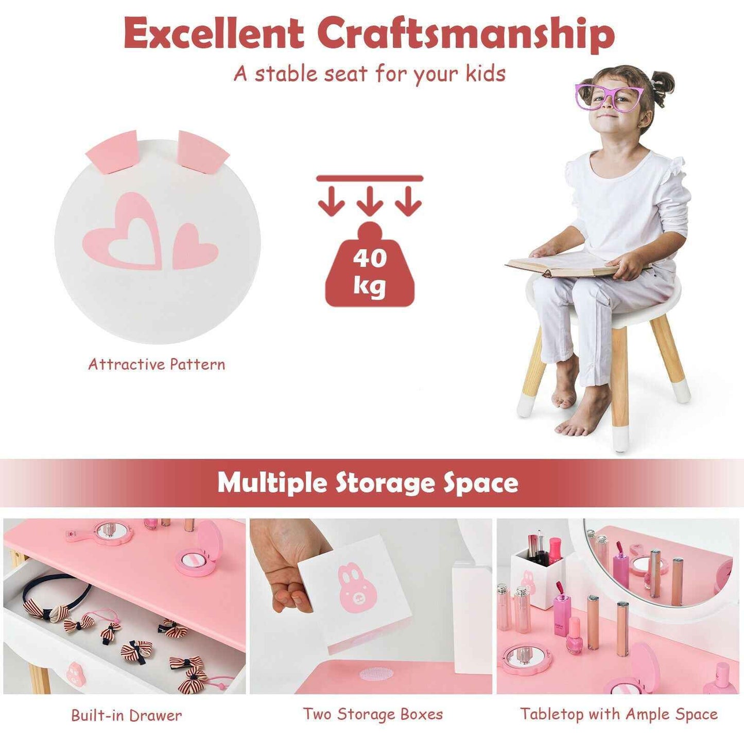 Kids Vanity Table and Chair Pretend Play with Mirror and Drawers.