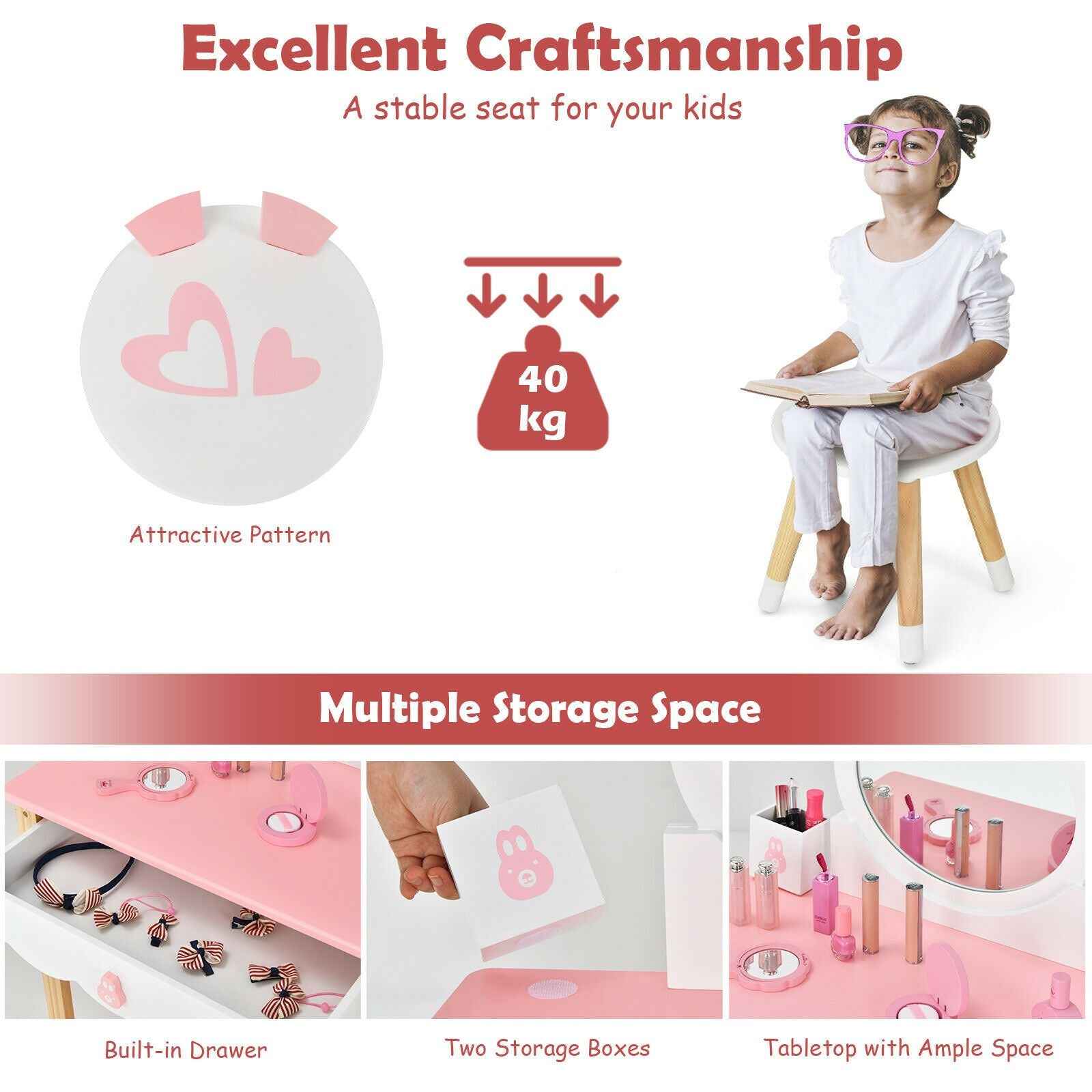 Kids Vanity Table and Chair Pretend Play with Mirror and Drawers.