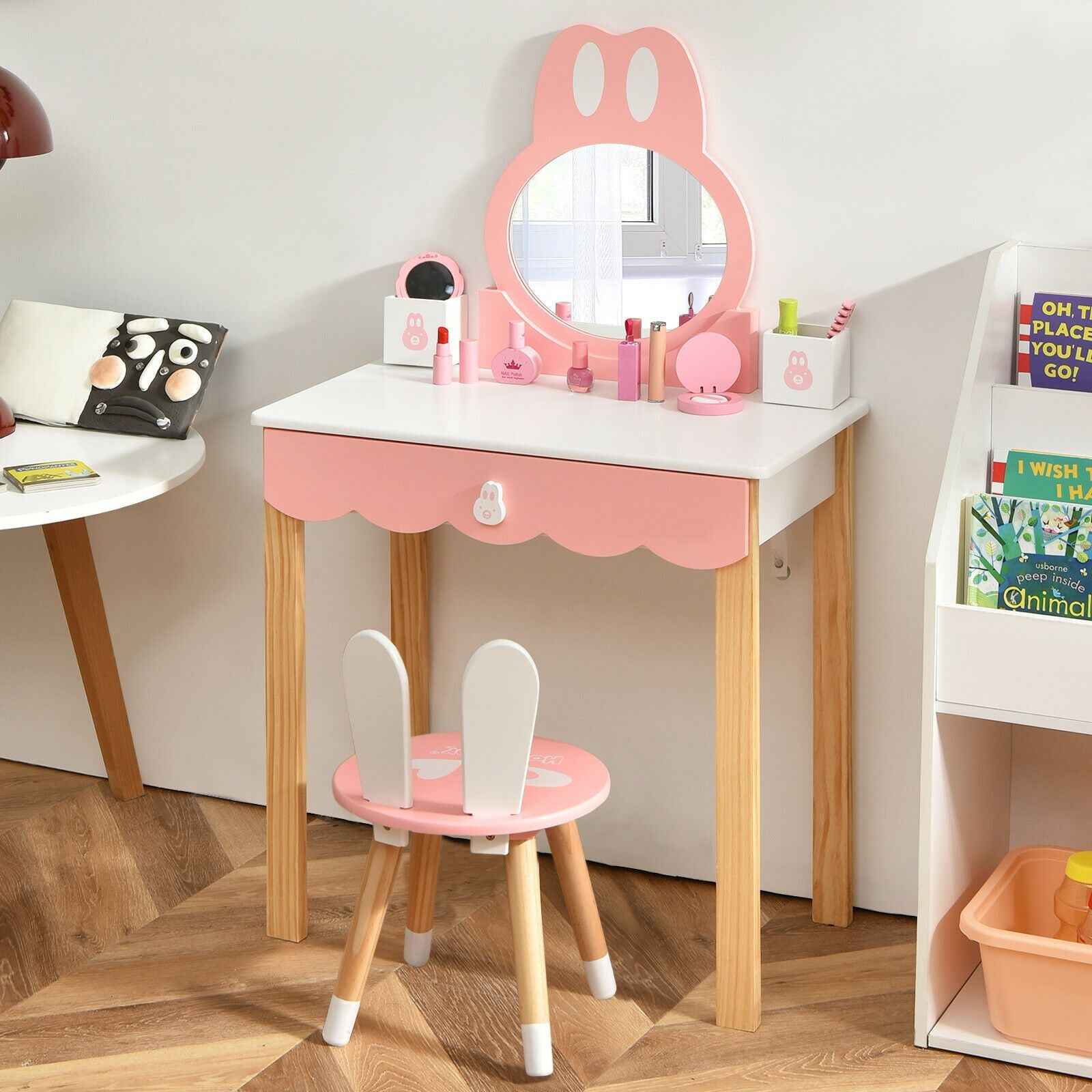Kids Vanity Table and Chair Pretend Play with Mirror and Drawers.