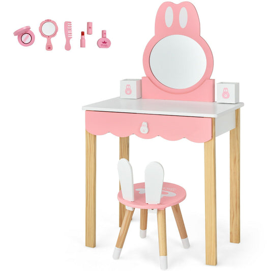 Kids Vanity Table and Chair Pretend Play with Mirror and Drawers.