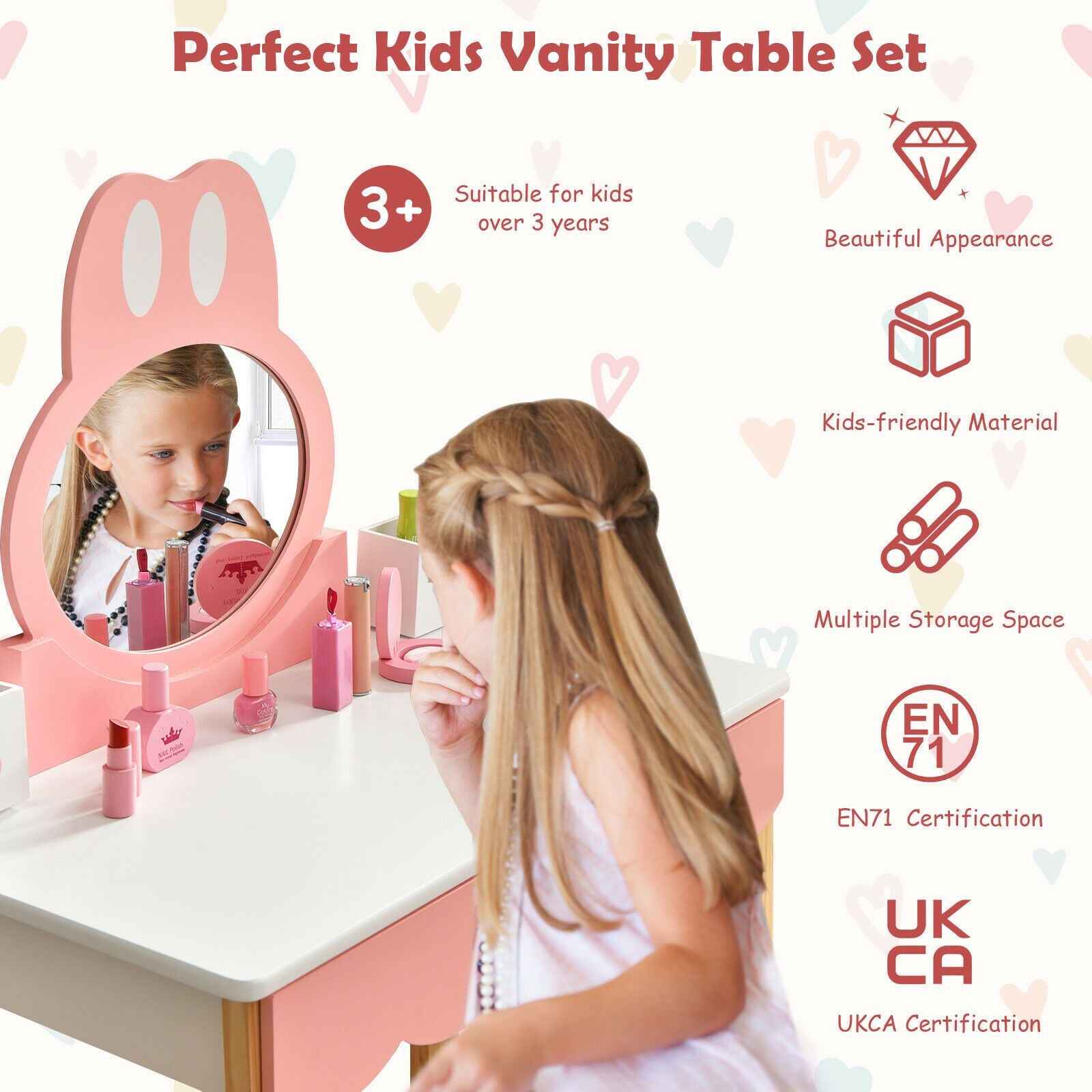 Kids Vanity Table and Chair Pretend Play with Mirror and Drawers.