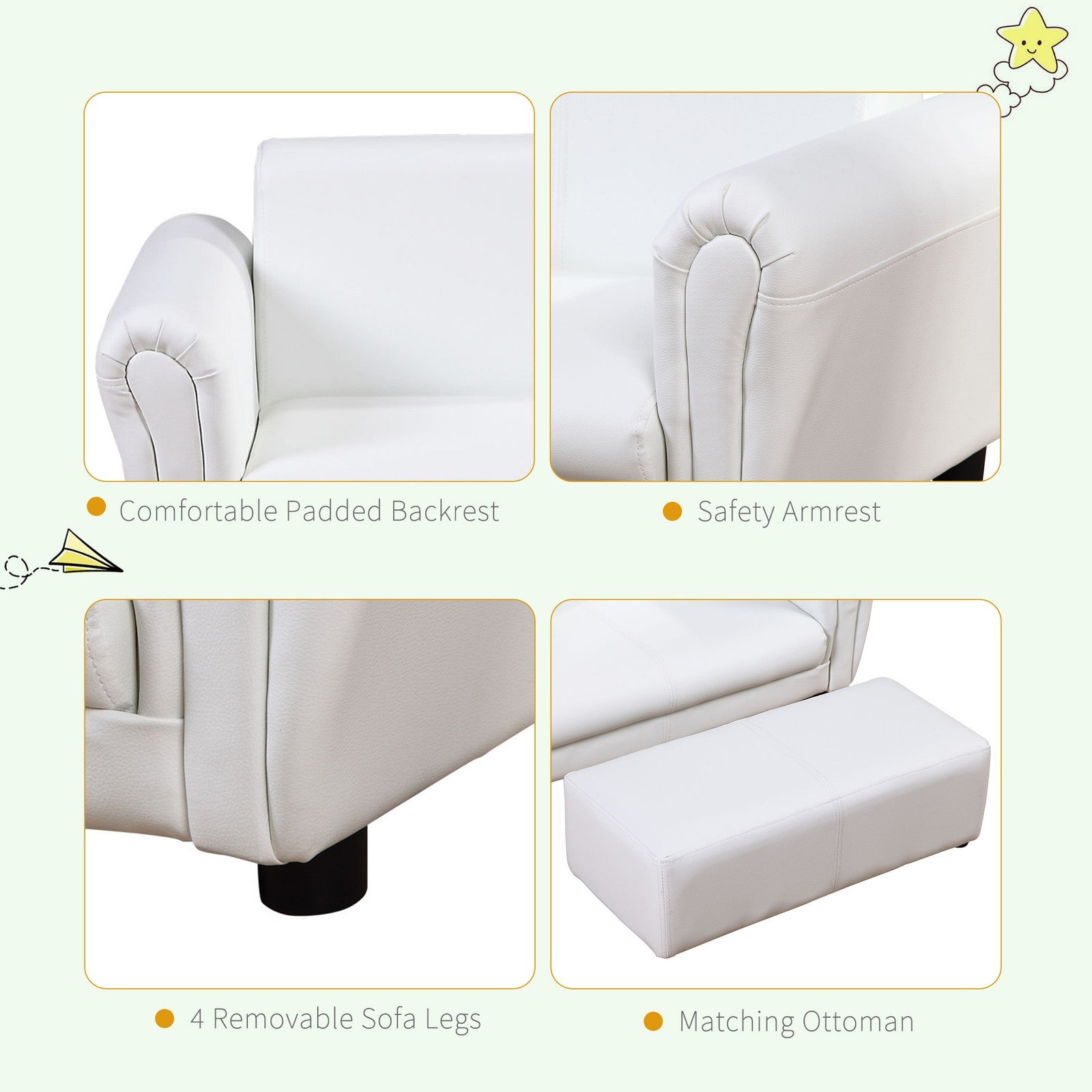 Ergo Heights Kids White Sofa Set with Ottoman.