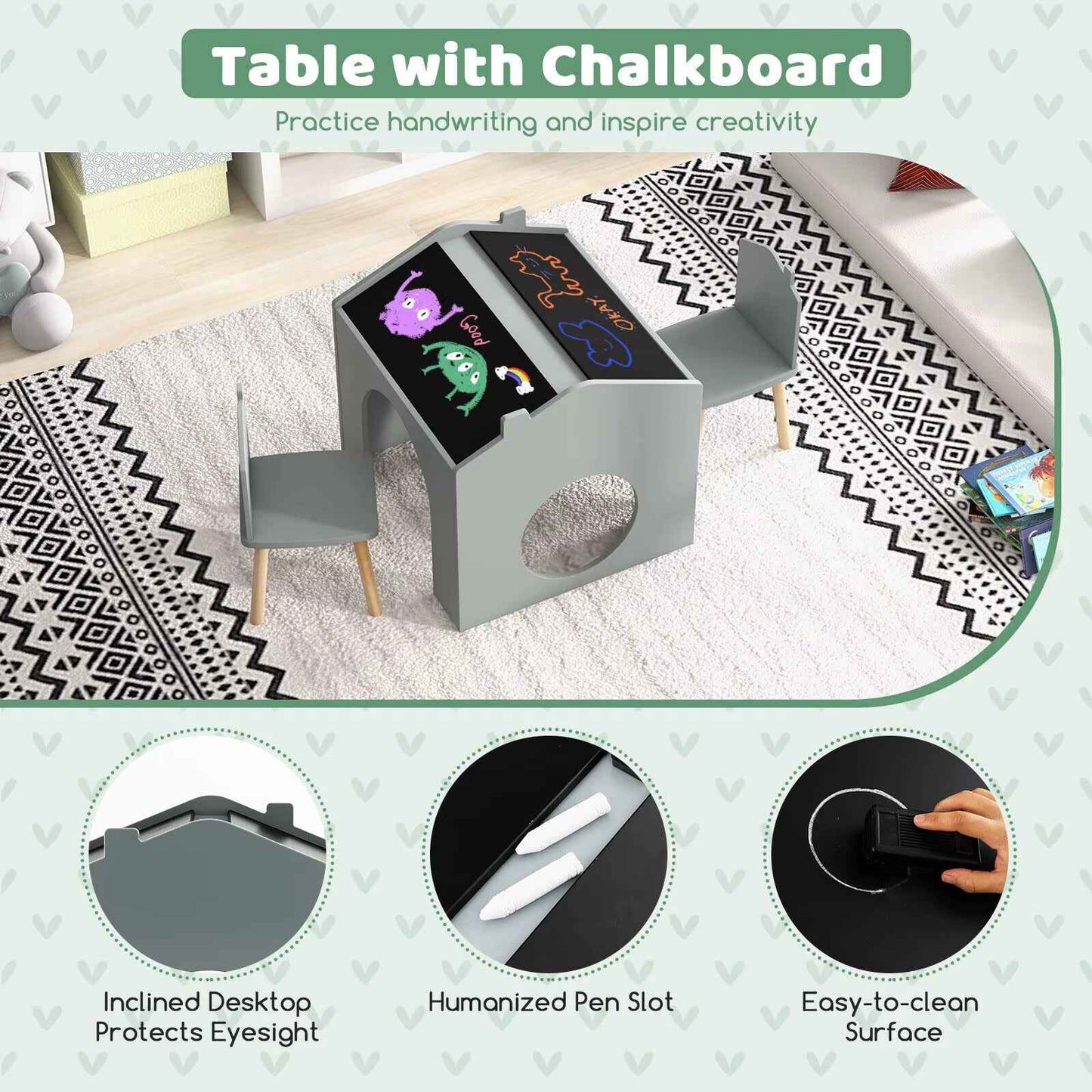 3 Pieces Kids Table and Chair Set Wooden Toddler Activity Art Table Drawing.