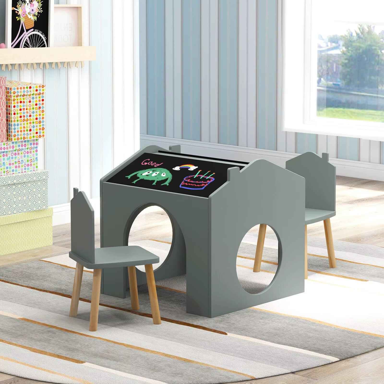 3 Pieces Kids Table and Chair Set Wooden Toddler Activity Art Table Drawing.