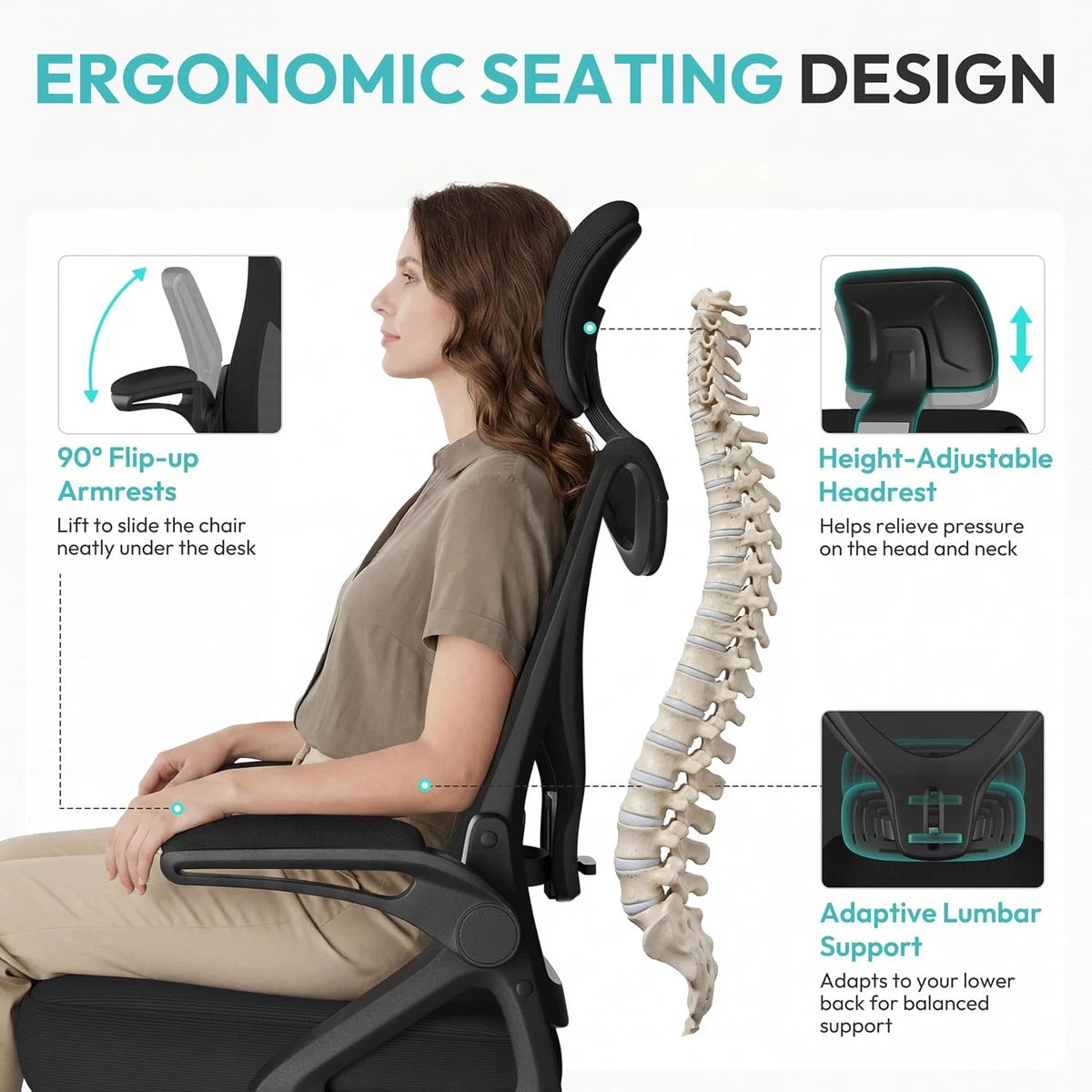 Ergonomic Office Chair | High-Back Mesh with Lumbar Support & Flip-Up Armrests