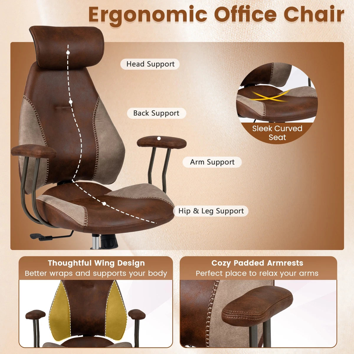 Suede Ergonomic Office Chair with Adjustable Headrest