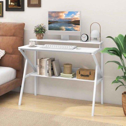 Space Saving Computer Desk with Monitor Stand and Open Shelf
