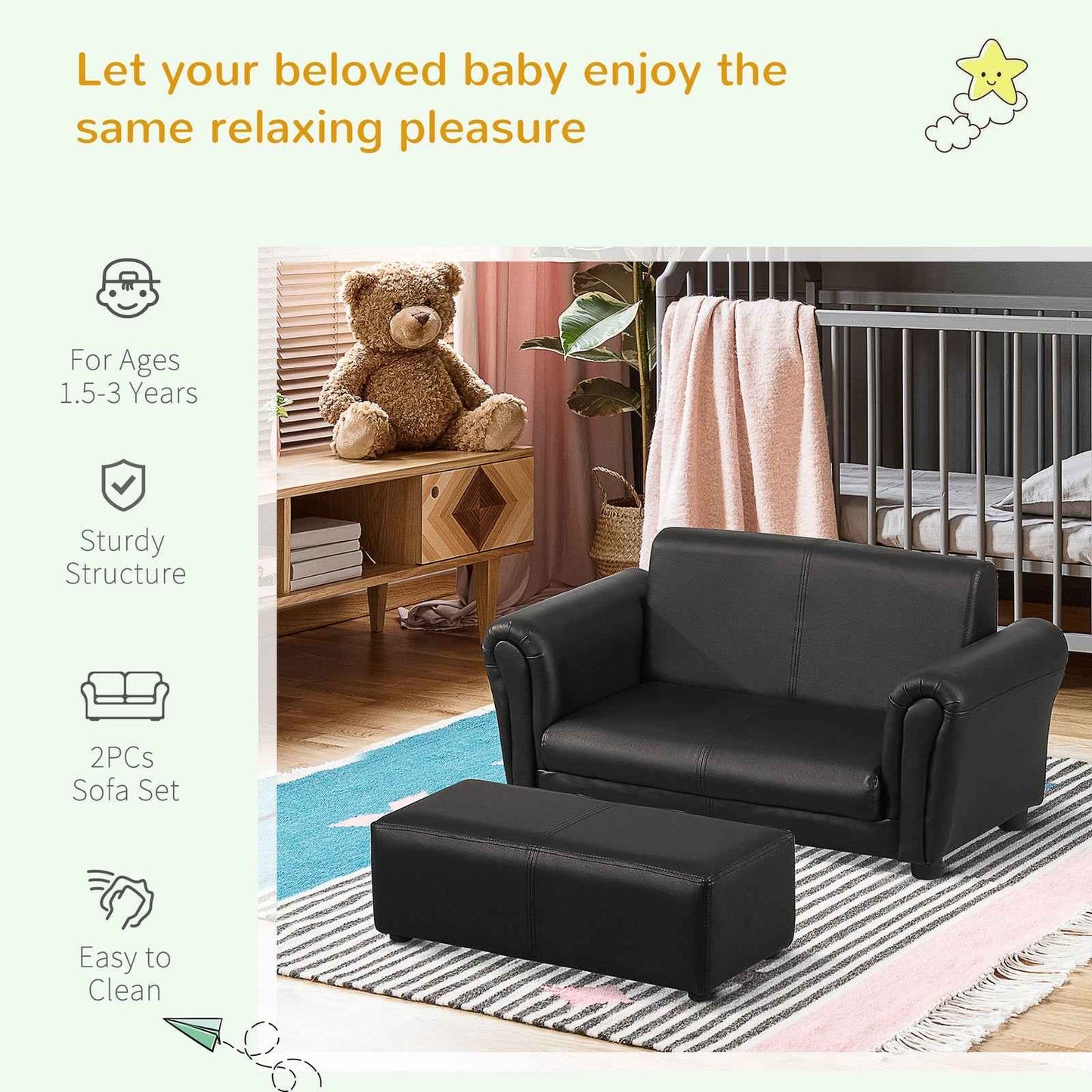 Ergo Heights Toddler 2 Seater Armchair Black with Ottoman