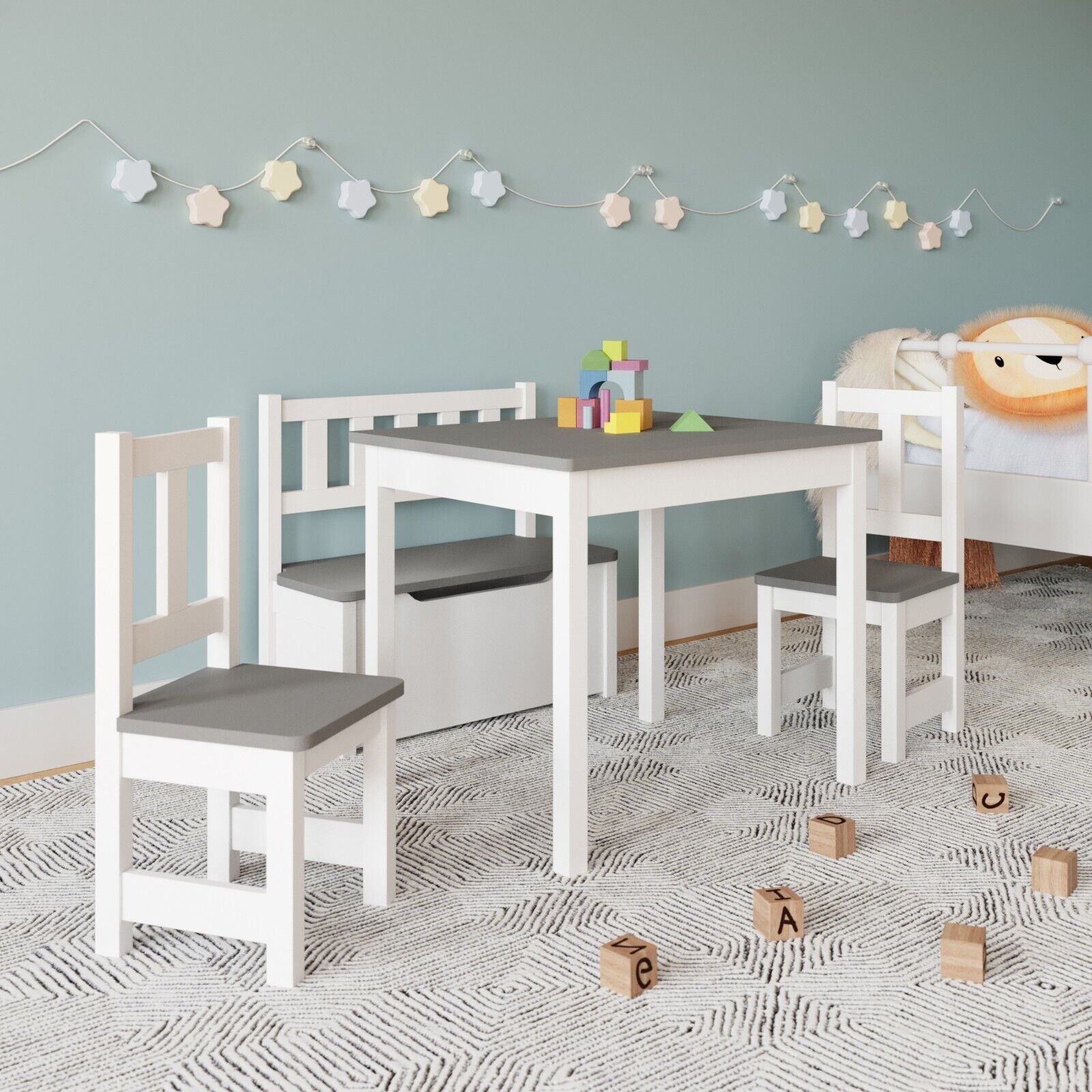 Ergo Heights Wooden Kids Table and Chairs Set - Grey White.