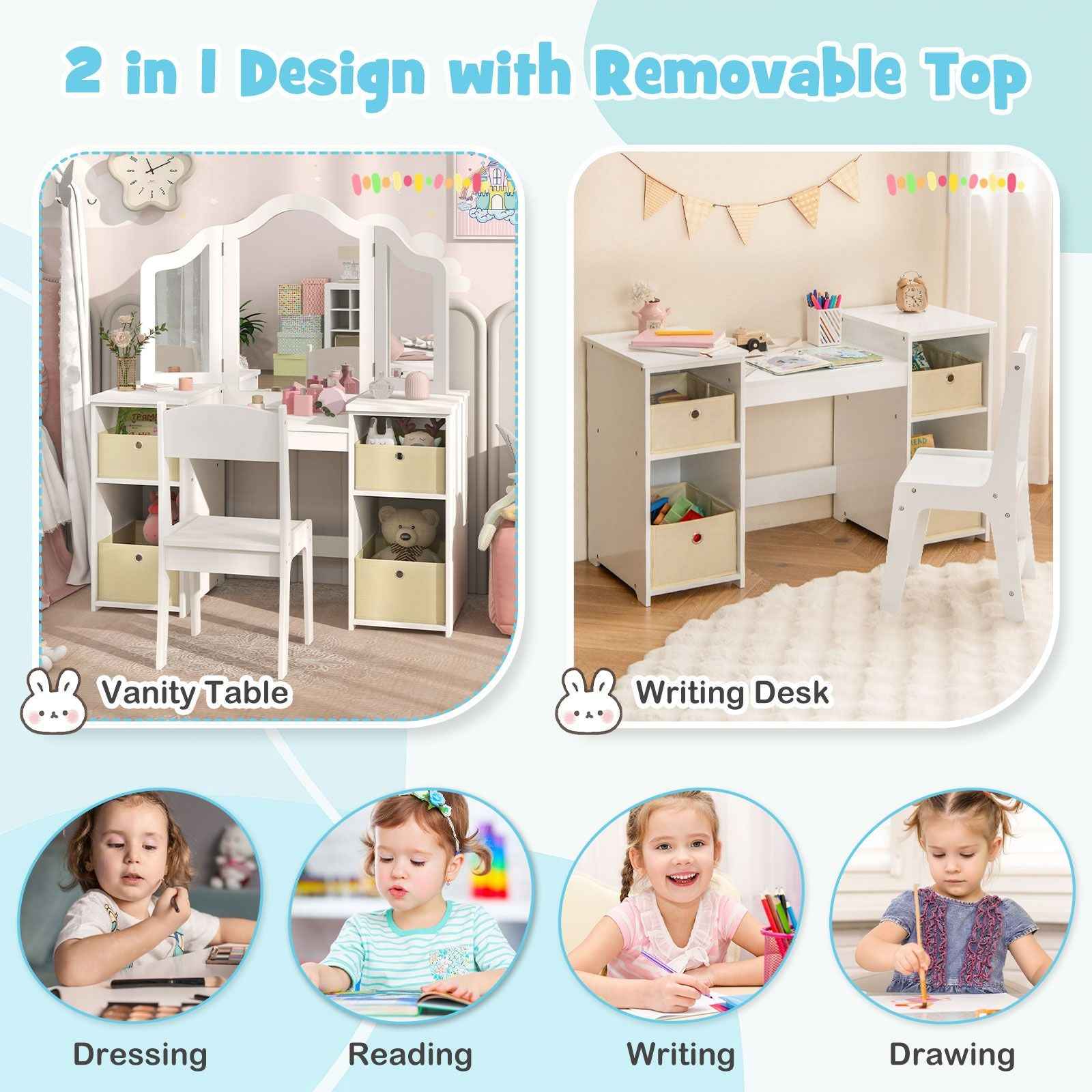 Ergo Heights White Vanity Set for Girls Bedroom with Chair.