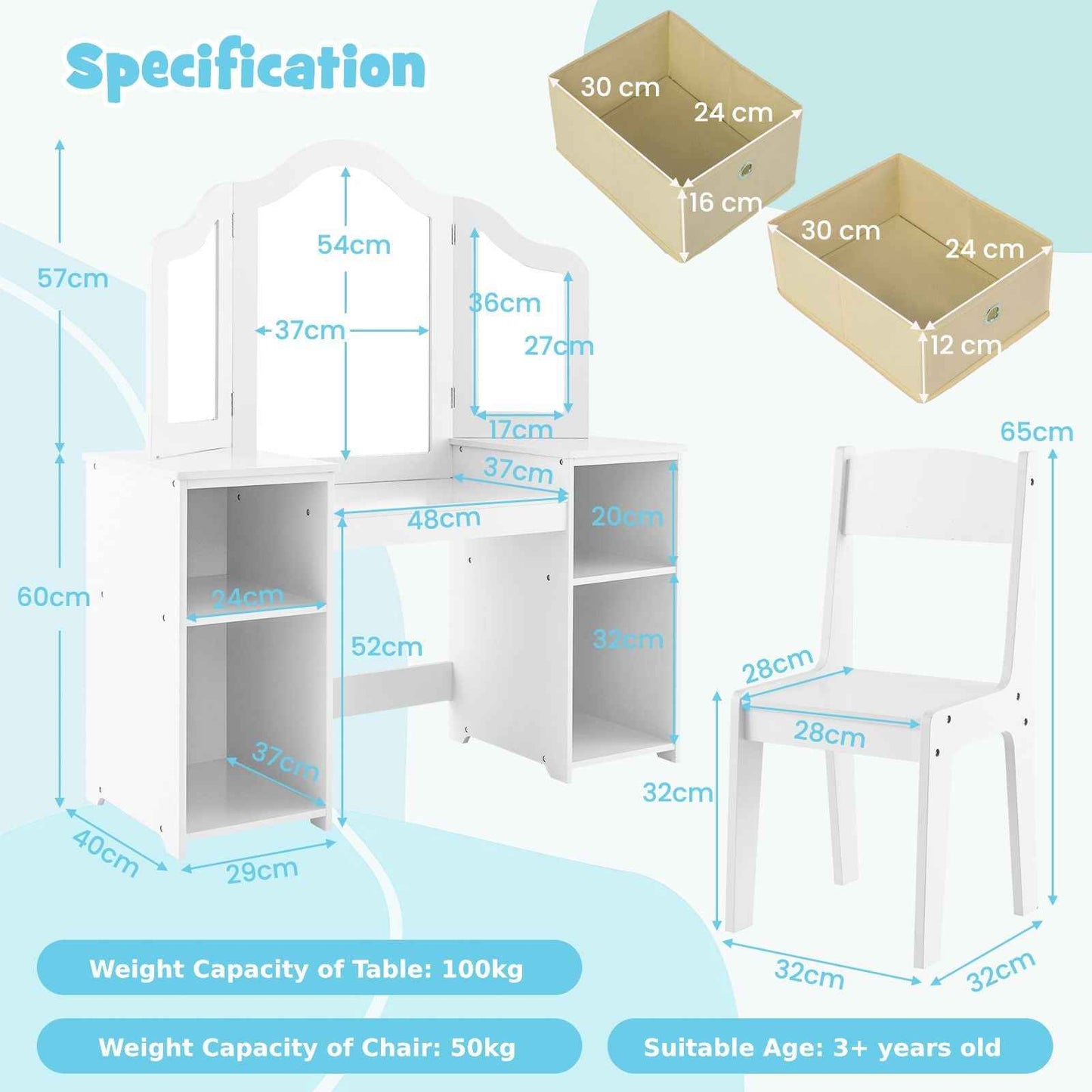 Ergo Heights White Vanity Set for Girls Bedroom with Chair.