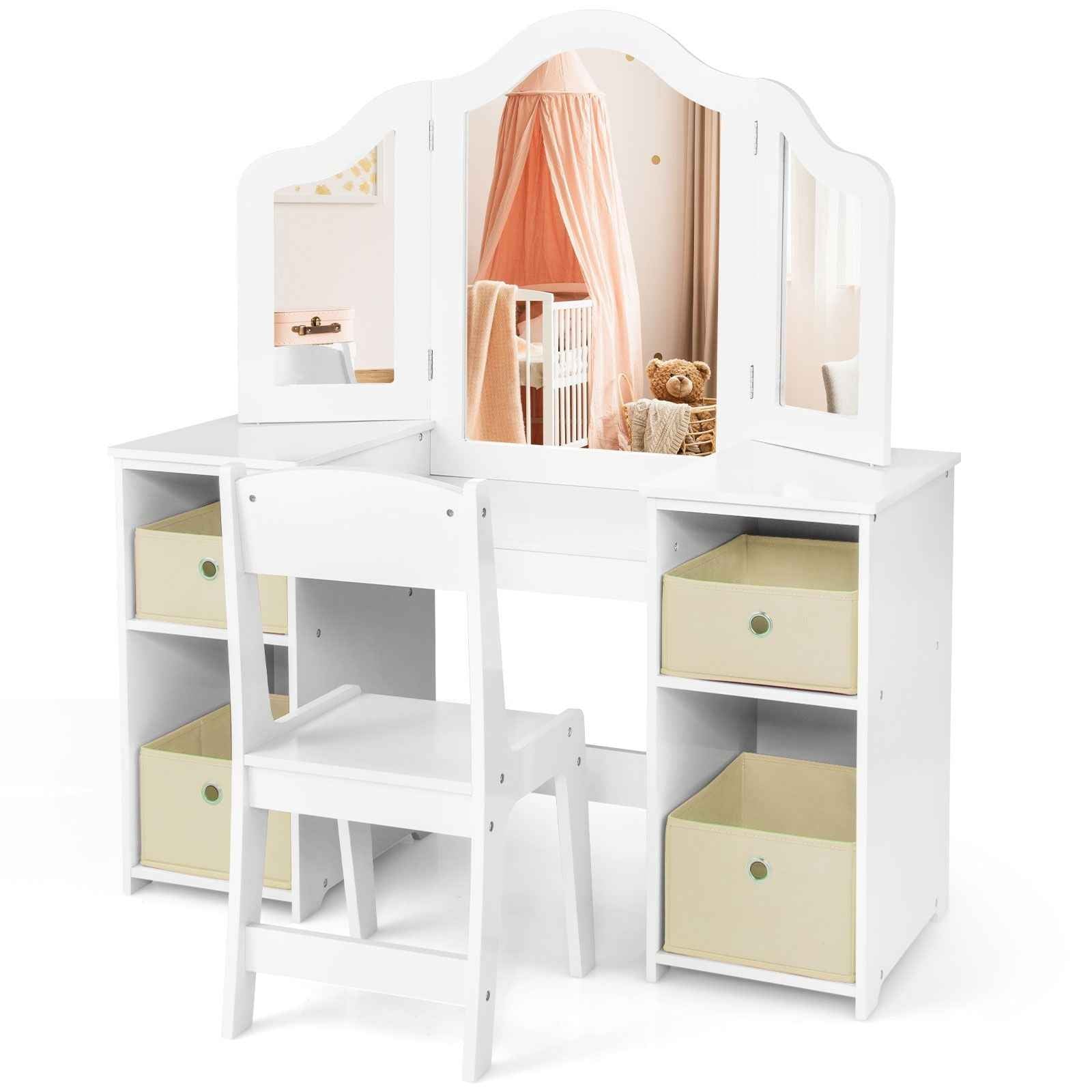 Ergo Heights White Vanity Set for Girls Bedroom with Chair.