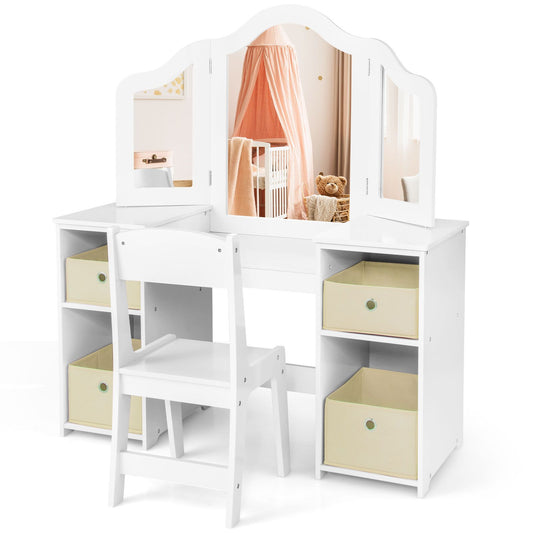 Ergo Heights White Vanity Set for Girls Bedroom with Chair.