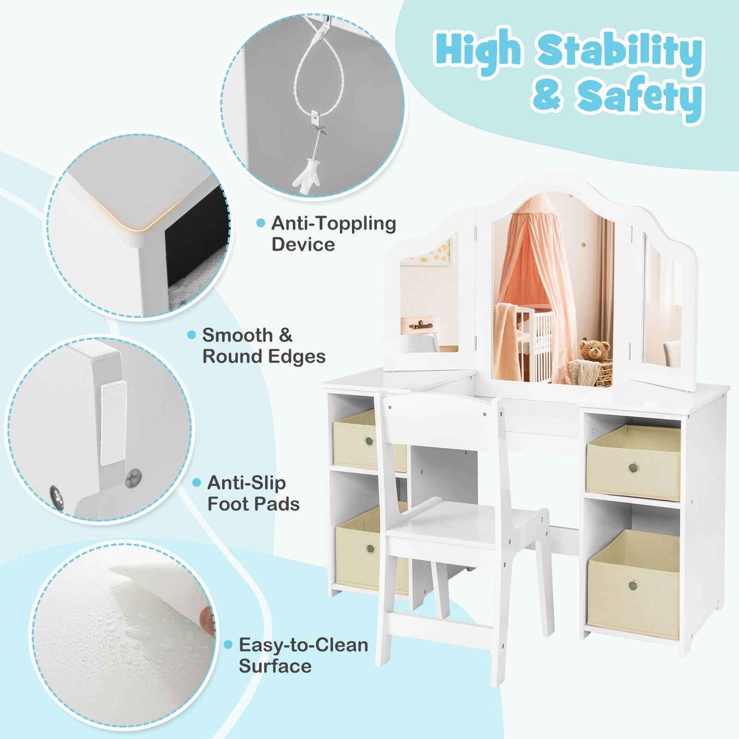 Ergo Heights White Vanity Set for Girls Bedroom with Chair.