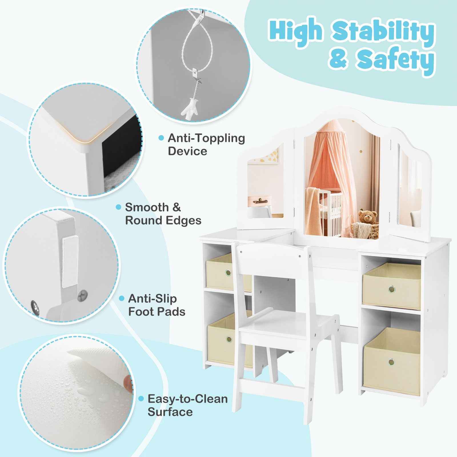 Ergo Heights White Vanity Set for Girls Bedroom with Chair.