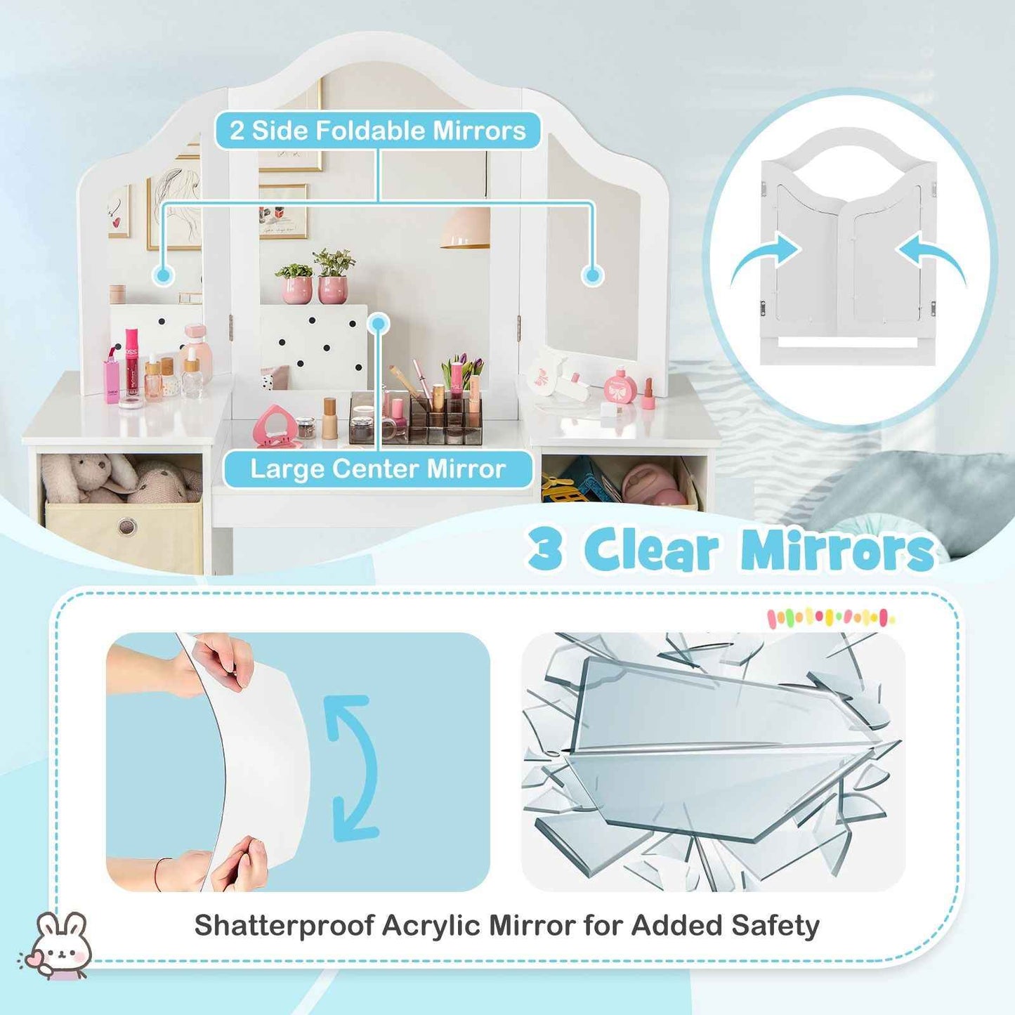 Ergo Heights White Vanity Set for Girls Bedroom with Chair.