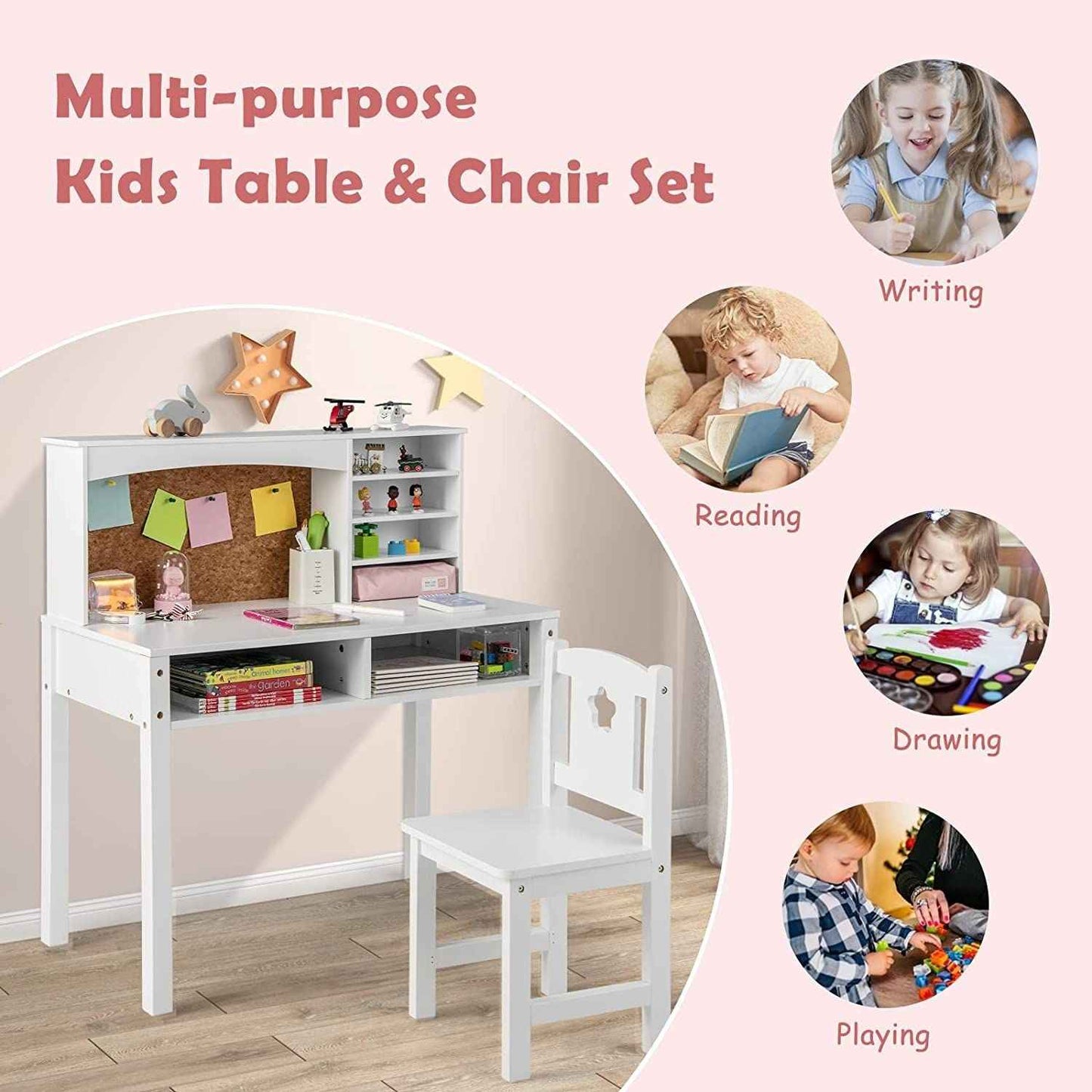 Wooden Kids Desk and Chair Set with Hutch for Studying and Reading.