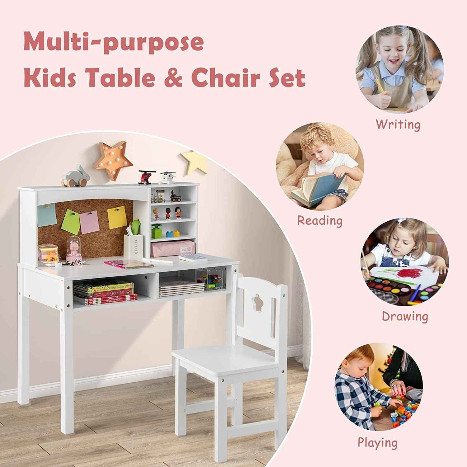 Wooden Kids Desk and Chair Set with Hutch for Studying and Reading.