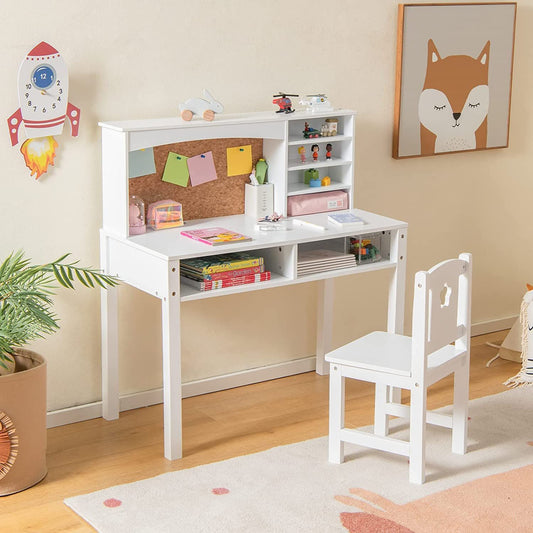 Wooden Kids Desk and Chair Set with Hutch for Studying and Reading.